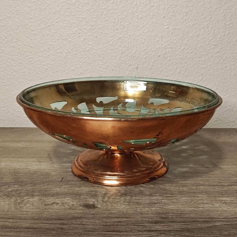 Manning Bowman Copper Pedestal Bowl Green Glass Insert 232 9in Copper Green‎